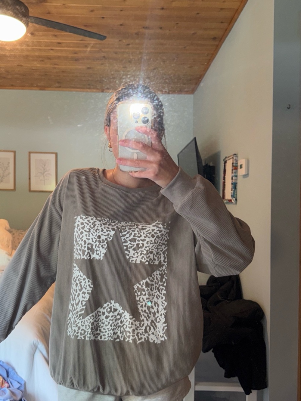Amazon Olive Green Long Sleeve Sweatshirt with White Leopard Star Print